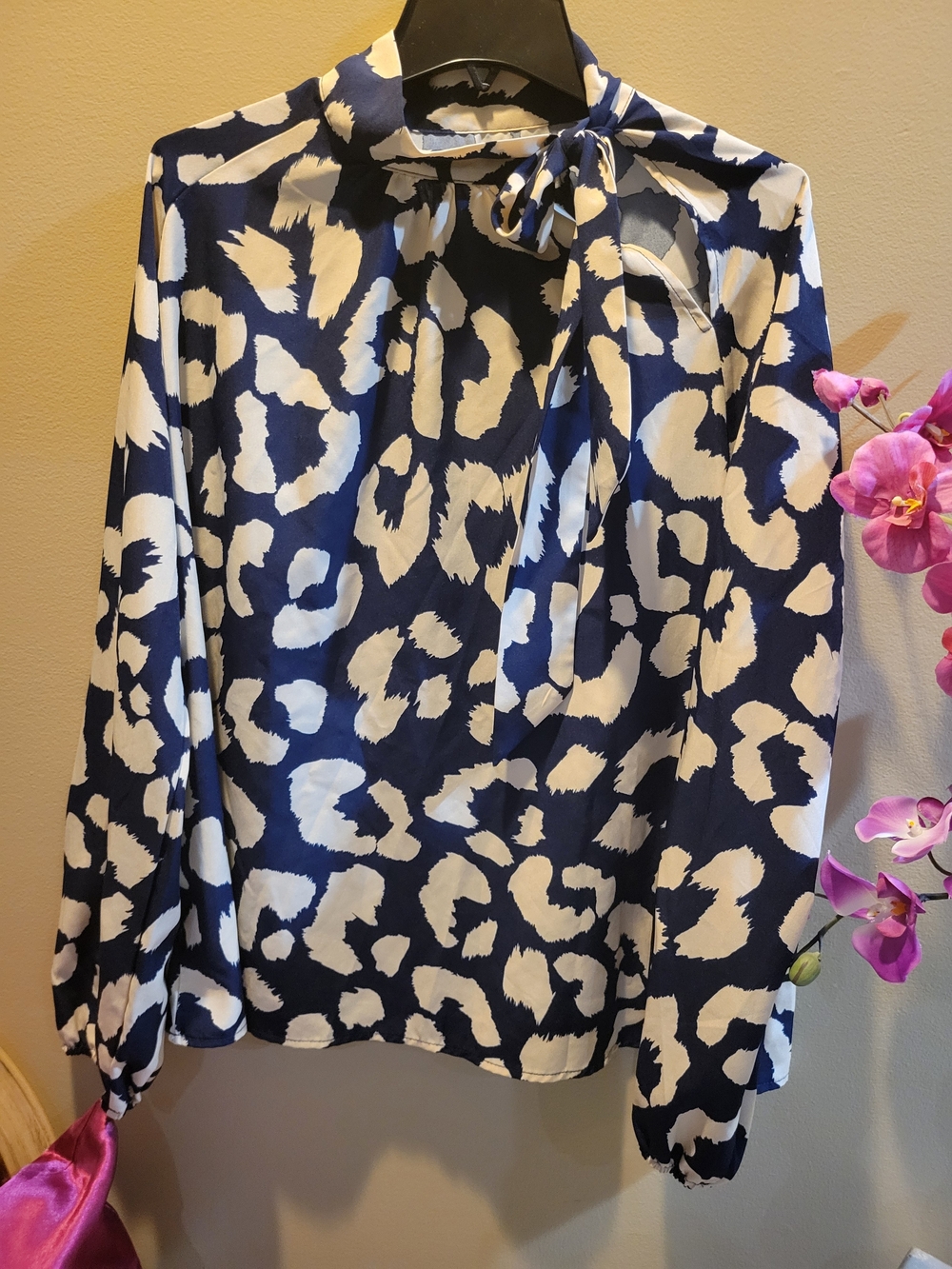 Women’s Navy and White Tie-Neck Blouse